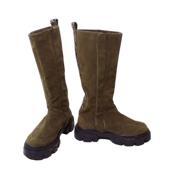 FARM RIO Embroidered Suede Tall Knee High Lug Sole Boot Green Suede 7.5 NEW - Picture 9 of 14